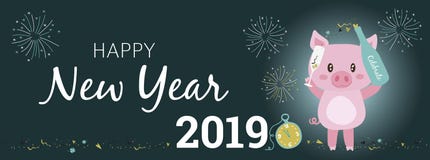 Modern Happy New Year 2019 banner. Happy New Year 2019 banner with a pink and friendly pig royalty free illustration Modern Happy New Year 2019 banner. Happy New Year 2019 banner with a pink and friendly pig royalty free illustration