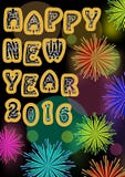 Happy new year billboard with firework stars in vivid colors, original font inscription, bokeh light on background. Useful for new. Year party 2016, vector royalty free illustration Happy new year billboard with firework stars in vivid colors, original font inscription, bokeh light on background. Useful for new. Year party 2016, vector royalty free illustration