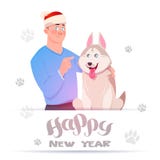Happy New Year Card With Man In Santa Hat Embracing Cute Husky Dog Over Foot Prints On White Background. Flat Vector Illustration royalty free illustration Happy New Year Card With Man In Santa Hat Embracing Cute Husky Dog Over Foot Prints On White Background. Flat Vector Illustration royalty free illustration