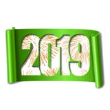 Happy new year card. White number 2019, gold firework. 3D scroll isolated white background. Green ribbon handscroll. Curved frame ribbon border Design stock illustration Happy new year card. White number 2019, gold firework. 3D scroll isolated white background. Green ribbon handscroll. Curved frame ribbon border Design stock illustration