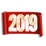 Happy new year card. White number 2019, gold firework. Scroll 3D isolated white background. Golden ribbon handscroll. Curved frame ribbon Design decoration stock illustration Happy new year card. White number 2019, gold firework. Scroll 3D isolated white background. Golden ribbon handscroll. Curved frame ribbon Design decoration stock illustration