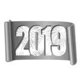 Happy new year card. White number 2019, silver firework. 3D scroll isolated white background. Gray ribbon handscroll. Curved frame ribbon border Design royalty free illustration Happy new year card. White number 2019, silver firework. 3D scroll isolated white background. Gray ribbon handscroll. Curved frame ribbon border Design royalty free illustration
