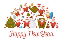 Happy New Year cartoon Santa celebrating holidays or having leisure summer fun icons for greeting card design. Vector funny Santa character decorating Xmas stock illustration Happy New Year cartoon Santa celebrating holidays or having leisure summer fun icons for greeting card design. Vector funny Santa character decorating Xmas stock illustration