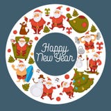 Happy New Year cartoon Santa celebrating holidays or having leisure summer fun icons for greeting card design. Vector funny Santa character decorating Xmas stock illustration Happy New Year cartoon Santa celebrating holidays or having leisure summer fun icons for greeting card design. Vector funny Santa character decorating Xmas stock illustration