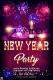 Happy New Year 2019 celebration concept with golden text, fireworks, champagne, golden clock in the night. On beautiful glitter background. Vector EPS 10. To royalty free illustration Happy New Year 2019 celebration concept with golden text, fireworks, champagne, golden clock in the night. On beautiful glitter background. Vector EPS 10. To royalty free illustration
