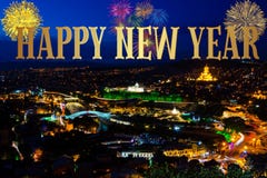 Happy New Year colorful background. Happy New Year colorful card with city panorama and fireworks stock illustration Happy New Year colorful background. Happy New Year colorful card with city panorama and fireworks stock illustration