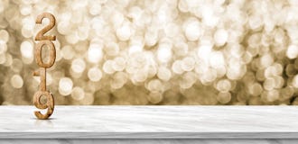 Happy new year 2019 3d rendering on grey marble table at gold sparkle bokeh abstract background,mock up banner holiday greeting stock photo Happy new year 2019 3d rendering on grey marble table at gold sparkle bokeh abstract background,mock up banner holiday greeting stock photo