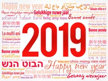 2019 Happy New Year in different languages. Celebration word cloud greeting card stock illustration 2019 Happy New Year in different languages. Celebration word cloud greeting card stock illustration