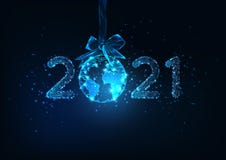 Happy New Year digital web banner with futuristic 2021 number and Earth globe hanging on ribbon bow