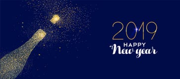 Happy New Year 2019 gold glitter champagne bottle royalty free illustration Happy New Year 2019 gold glitter champagne bottle royalty free illustration