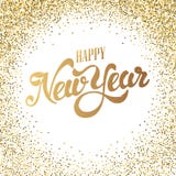 Happy New Year gold glitter lettering with frame from golden dot. S. Design element for greeting card, calendar, poster. Vector illustration royalty free illustration Happy New Year gold glitter lettering with frame from golden dot. S. Design element for greeting card, calendar, poster. Vector illustration royalty free illustration