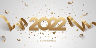 Happy New Year 2022. Golden numbers with ribbons and confetti on a white background