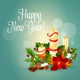 Happy New Year greeting card with candles. Happy New Year greeting card. Vector poster with christmas candles light, holly leaf and pine tree wreath, red ribbons stock illustration Happy New Year greeting card with candles. Happy New Year greeting card. Vector poster with christmas candles light, holly leaf and pine tree wreath, red ribbons stock illustration