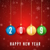 Happy New Year 2019. Greeting card with colorful Christmas balls and white numbers 2019 on them. Snowflakes falling on red stock illustration Happy New Year 2019. Greeting card with colorful Christmas balls and white numbers 2019 on them. Snowflakes falling on red stock illustration