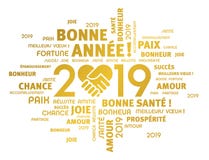 Happy New Year 2019 Greeting card in French. Gold greeting words in French around New Year date 2019, composed with a handshake heart symbol, isolated on white vector illustration Happy New Year 2019 Greeting card in French. Gold greeting words in French around New Year date 2019, composed with a handshake heart symbol, isolated on white vector illustration