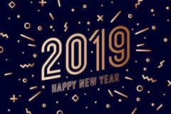 2019, Happy New Year. Greeting card Happy New Year 2019. 2019, Happy New Year, gold. Greeting card with golden text Happy New Year 2019. Memphis geometric gold stock illustration 2019, Happy New Year. Greeting card Happy New Year 2019. 2019, Happy New Year, gold. Greeting card with golden text Happy New Year 2019. Memphis geometric gold stock illustration