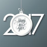2017 Happy New Year greeting card with handwritten. Text design and christmas ball. Holiday hand drawn lettering. Vector illustration stock illustration 2017 Happy New Year greeting card with handwritten. Text design and christmas ball. Holiday hand drawn lettering. Vector illustration stock illustration