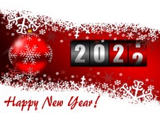Happy New Year 2022 greeting card illustration with christmas ball and counter on red background, winter concept design with