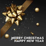 Happy New Year 2018 greeting card or poster template flyer or invitation design. Beautiful luxury holiday black background with 3D golden gift bow. Vector royalty free illustration Happy New Year 2018 greeting card or poster template flyer or invitation design. Beautiful luxury holiday black background with 3D golden gift bow. Vector royalty free illustration