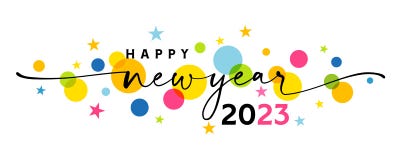 Happy new year 2023 greetings banner with swirl ribbon and colored stars. Creative concept of 20 23 Happy New Year calligraphy for poster or banner design