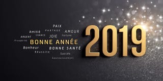 Happy New Year 2019 French Greeting Card. Happy New Year greetings in French and 2019 date number, colored in gold, on a festive black background, with glitters stock illustration Happy New Year 2019 French Greeting Card. Happy New Year greetings in French and 2019 date number, colored in gold, on a festive black background, with glitters stock illustration