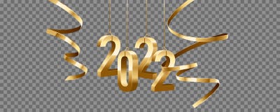 Happy New Year 2022. Hanging golden 3D numbers with ribbons, isolated on transparent background