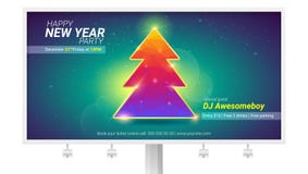 Happy new year. Holidays billboard with Christmas tree from pattern of colored triangles. Modern invitation on New year. Party with design of text vector illustration Happy new year. Holidays billboard with Christmas tree from pattern of colored triangles. Modern invitation on New year. Party with design of text vector illustration
