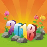 Happy New Year 2018 illustration. 2018 happy new year illustration. number 2018 stands between rocks and grass with a shining red background stock illustration Happy New Year 2018 illustration. 2018 happy new year illustration. number 2018 stands between rocks and grass with a shining red background stock illustration
