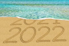Happy New Year 2022 and leaving year of 2021 concept text on the sea beach