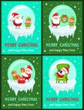 Happy New Year Merry Christmas Poster Santa Elf. Happy New Year Merry Christmas posters set Santa and Elf on icy cliff sing song, hang wreath, put presents into stock illustration Happy New Year Merry Christmas Poster Santa Elf. Happy New Year Merry Christmas posters set Santa and Elf on icy cliff sing song, hang wreath, put presents into stock illustration
