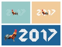 Happy new year 2017 red rooster low polygon. Happy new year 2017 font calendar cover, one red rooster with colorful feather low polygon standing isolated, red stock illustration Happy new year 2017 red rooster low polygon. Happy new year 2017 font calendar cover, one red rooster with colorful feather low polygon standing isolated, red stock illustration