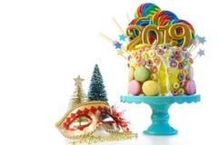 2019 Happy New Year`s candy land lollipop drip cake. stock photography 2019 Happy New Year`s candy land lollipop drip cake. stock photography