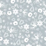 Happy New Year seamless pattern with new year tree, stars, present, sweets and little girl. Winter holiday backgrounds for design. Vector illustration stock illustration Happy New Year seamless pattern with new year tree, stars, present, sweets and little girl. Winter holiday backgrounds for design. Vector illustration stock illustration
