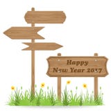Happy New Year 2017 text on Wooden signpost. With grass flower isolated on white. vector illustration stock illustration Happy New Year 2017 text on Wooden signpost. With grass flower isolated on white. vector illustration stock illustration