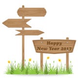 Happy New Year 2017 text on Wooden signpost. With grass flower isolated on white. vector illustration royalty free illustration Happy New Year 2017 text on Wooden signpost. With grass flower isolated on white. vector illustration royalty free illustration