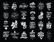 Happy New Year typographic emblems set. Happy New Year 2017 typographic emblems set. Vector logo design. Black and white. Usable for banners, greeting cards stock illustration Happy New Year typographic emblems set. Happy New Year 2017 typographic emblems set. Vector logo design. Black and white. Usable for banners, greeting cards stock illustration