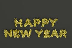 Happy New Year words from yellow balls on black background. New Year sign. 3D rendering illustration stock illustration Happy New Year words from yellow balls on black background. New Year sign. 3D rendering illustration stock illustration