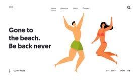 Happy People Characters Jumping with Hands Up, Beach Party. Man in Swimming Shorts and Woman in Bikini Fun stock illustration Happy People Characters Jumping with Hands Up, Beach Party. Man in Swimming Shorts and Woman in Bikini Fun stock illustration