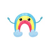 Happy rainbow character with smiling face and hands up. Colorful weather emoji. Cartoon flat vector element for children Stock Photography Happy rainbow character with smiling face and hands up. Colorful weather emoji. Cartoon flat vector element for children Stock Photography