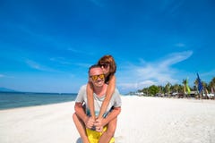 Happy Romantic Young Couple On A Beautiful Beach With White Sand. Caucasian Couple Having Vacation On The Tropical Royalty Free Stock Photo Happy Romantic Young Couple On A Beautiful Beach With White Sand. Caucasian Couple Having Vacation On The Tropical Royalty Free Stock Photo