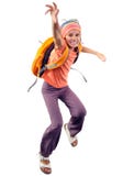Happy Schoolgirl Or Traveler Exercising, Running And Jumping Royalty Free Stock Image