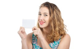 Happy smiling beautiful young woman showing blank signboard or c stock photography Happy smiling beautiful young woman showing blank signboard or c stock photography