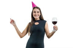 https://thumbs.dreamstime.com/t/happy-smiling-young-woman-glass-red-wine-party-hats-black-cocktail-dress-white-isolated-background-girl-having-fun-132636307.jpg