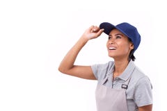 Happy, successful female worker looking up royalty free stock images Happy, successful female worker looking up royalty free stock images