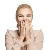 Happy surprised woman isolated on white background. Laughing girl, pretty face royalty free stock photos Happy surprised woman isolated on white background. Laughing girl, pretty face royalty free stock photos