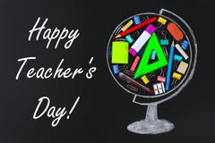 Happy Teachers Day. chalk-drawn globe containing school and office supplies chalkboard. concept study, school, sales.