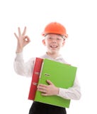 Happy Teenager In Helmet And Folders Show OK Sign Royalty Free Stock Photo