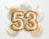 Happy 53th birthday gold foil balloon greeting background.