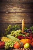 Happy Thanksgiving Day background, wooden table, decorated with vegetables, fruits and autumn leaves. Autumn background. royalty free stock images Happy Thanksgiving Day background, wooden table, decorated with vegetables, fruits and autumn leaves. Autumn background. royalty free stock images