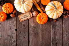 Happy Thanksgiving tag with autumn top border of pumpkins and fall decor on a rustic wood background